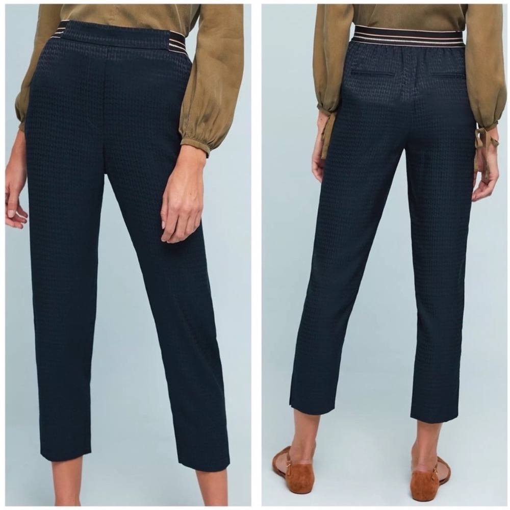 Anthropologie The Essential Pull-On Trouser Women L Navy EUC Jacquard Tapered